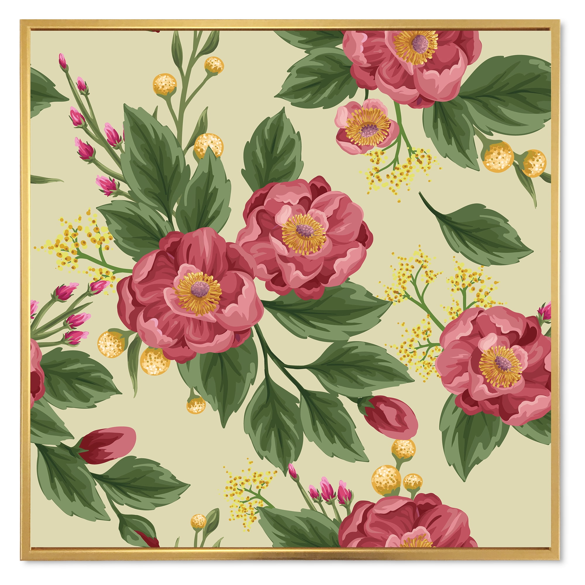 Designart 'Vintage Sweet Peas and Peonies On Beige' Traditional Framed Canvas Wall Art Print
