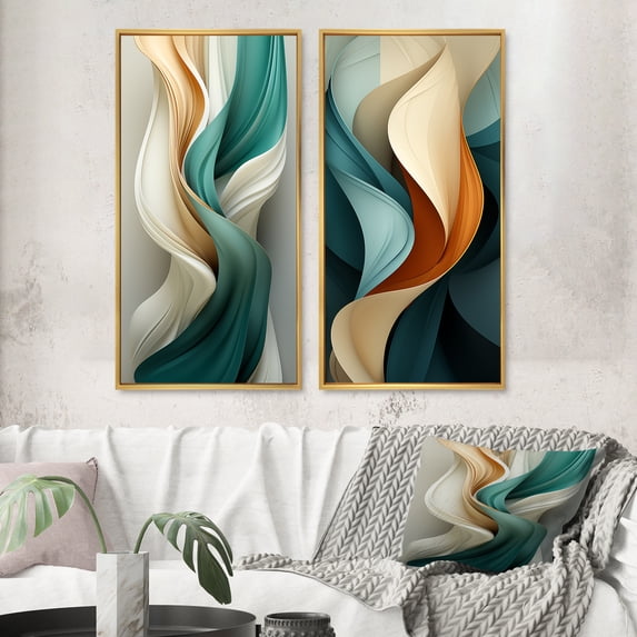 Designart "Vintage Teal Elegance Abstract Wave I" Abstract Shapes Framed Wall Art Set Of 2 - Transitional Blue Framed Canvas Set For Living Room Decor