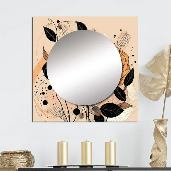 Designart "Vintage Terracotta Wildflowers Depiction V" Abstract Botanicals Square Mirror For Wall Decor - Large Brown Square Printed Wall Mirror Art - Wall Mounted Square Large Mirror