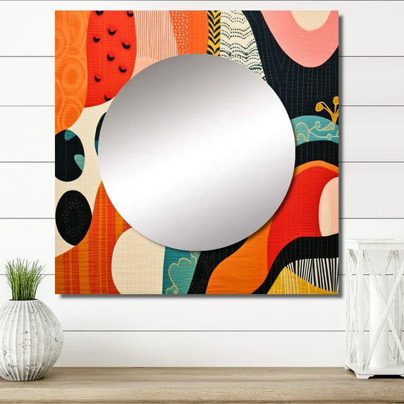 Designart "Vintage Textiles Mid Century wall art II" Mid-century Red Large Square Mirror - Square Bedroom Mirror Printed Wall Decor - Mid-Century Square Printed Wall Mirror Art