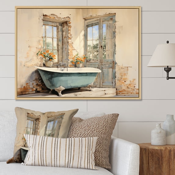 Designart "Vintage Tile Bathroom I" Bath & Laundry Floater Framed Wall Decor