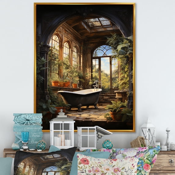 Designart "Vintage Tile Bathroom II" Floral Floater Framed Wall Art Print