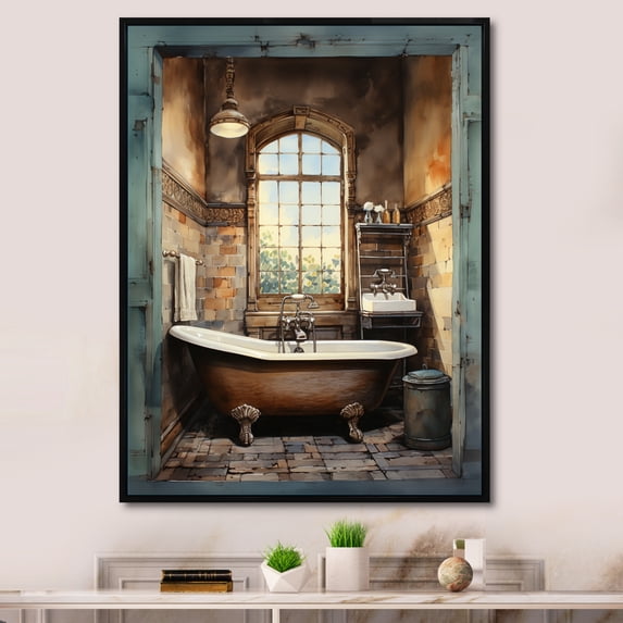 Designart "Vintage Tile Bathroom III" Bathroom Floater Framed Canvas Wall Art