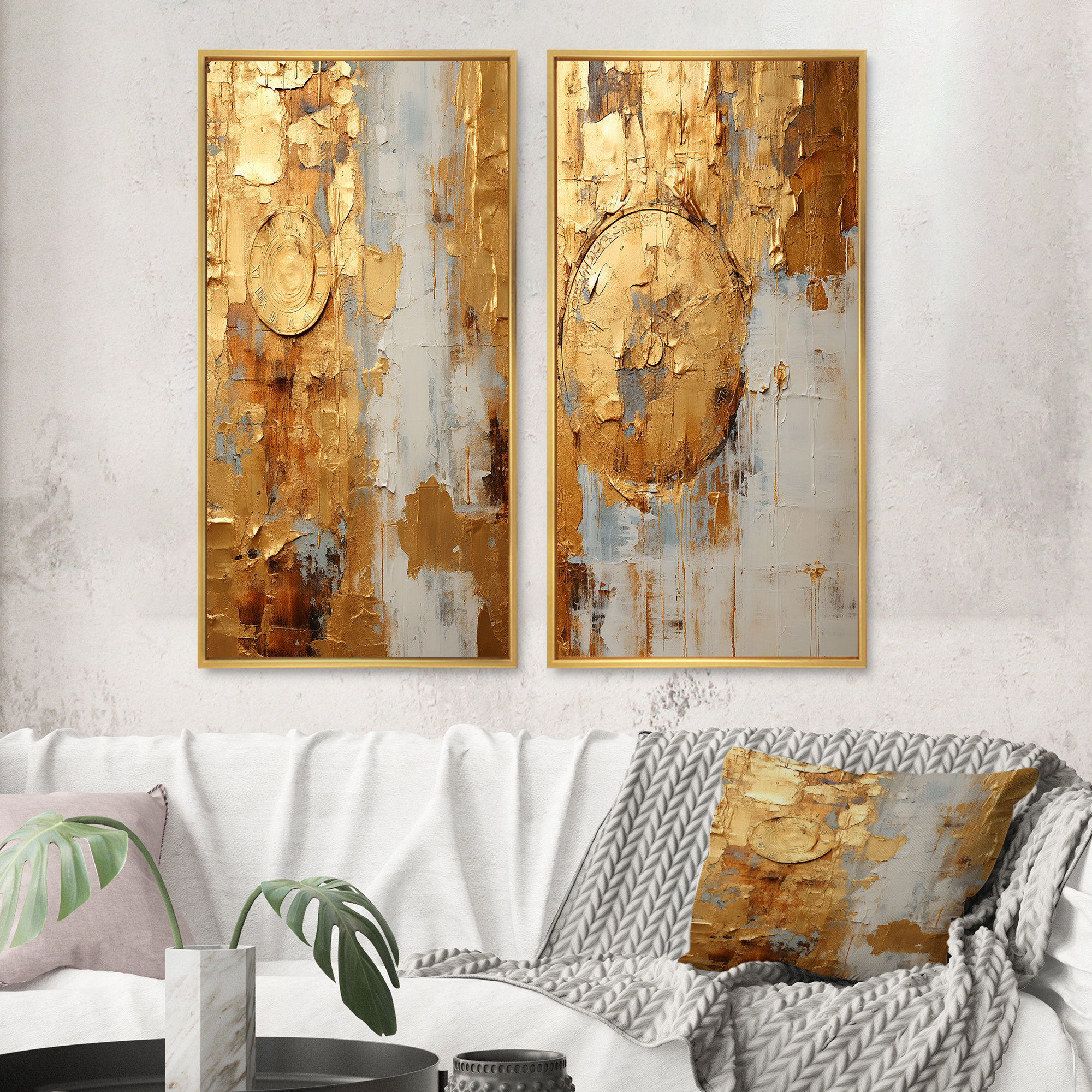 Designart "Vintage Togetherness Gold Abstraction I" Abstract Painting Framed Wall Art Set Of 2