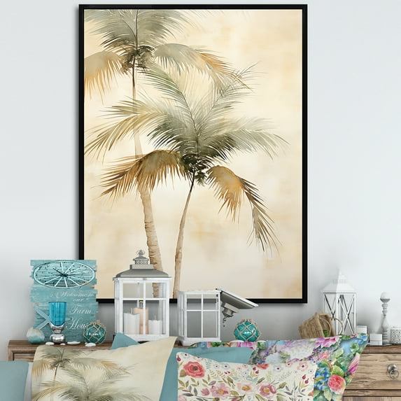 Designart "Vintage Tranquil Minimalist Tropical Palms" Palms & Palm Trees Floater Framed Canvas Art Print