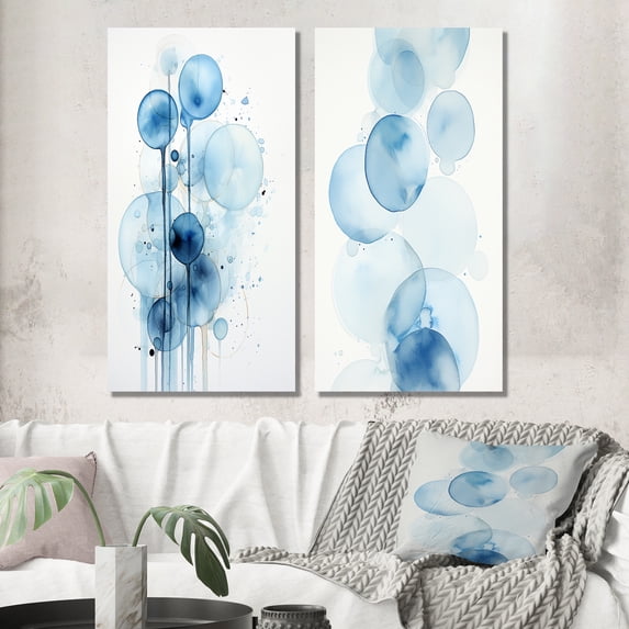 Designart "Vintage Tranquility Light Blue Watercolor Circles" Modern Geometric Wall Art Set Of 2 - Modern Blue Gallery Set For Office Decor