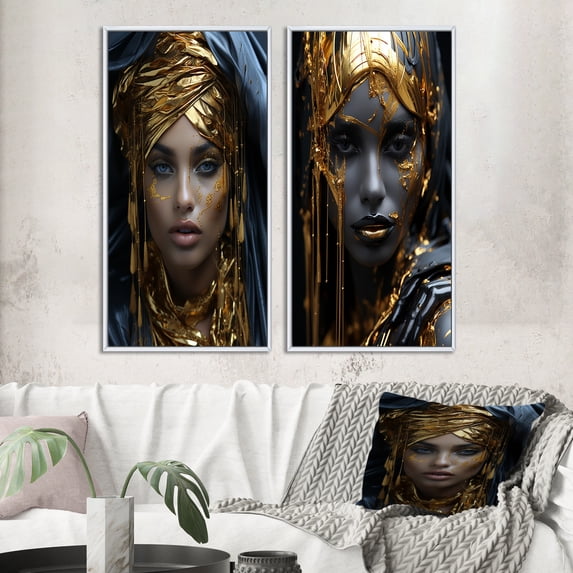 Designart "Vintage Tribal Glamour Gorgeous Boho Chic Woman I" Boho Woman Framed Wall Art Set Of 2 - Glam Black Gallery Wall Frame Set For Home Decor