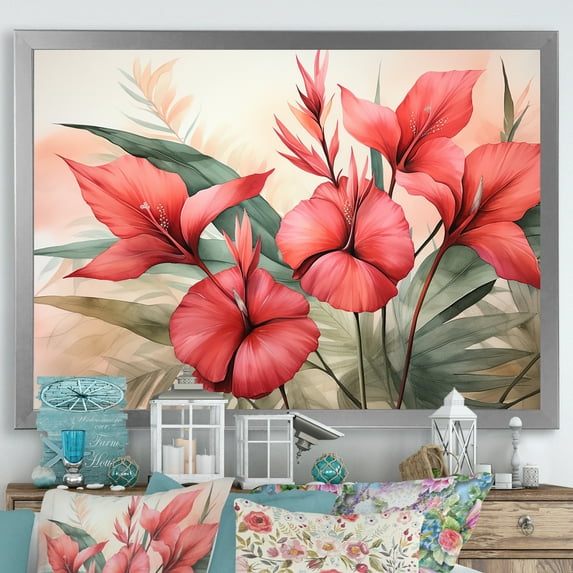 Designart "Vintage Tropical Plants in Coral" Floral Framed Wall Art Decor - Traditional Coral Fuschia Living Room Framed Canvas Art