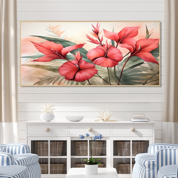 Designart "Vintage Tropical Plants in Coral" Oversized Floral Framed Wall Art - Traditional Coral Fuschia Living Room Framed Canvas Art