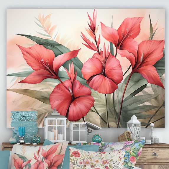 Designart "Vintage Tropical Plants in Coral" Oversized Floral Wall Art - Traditional Coral Fuschia Bedroom Canvas Wall Art
