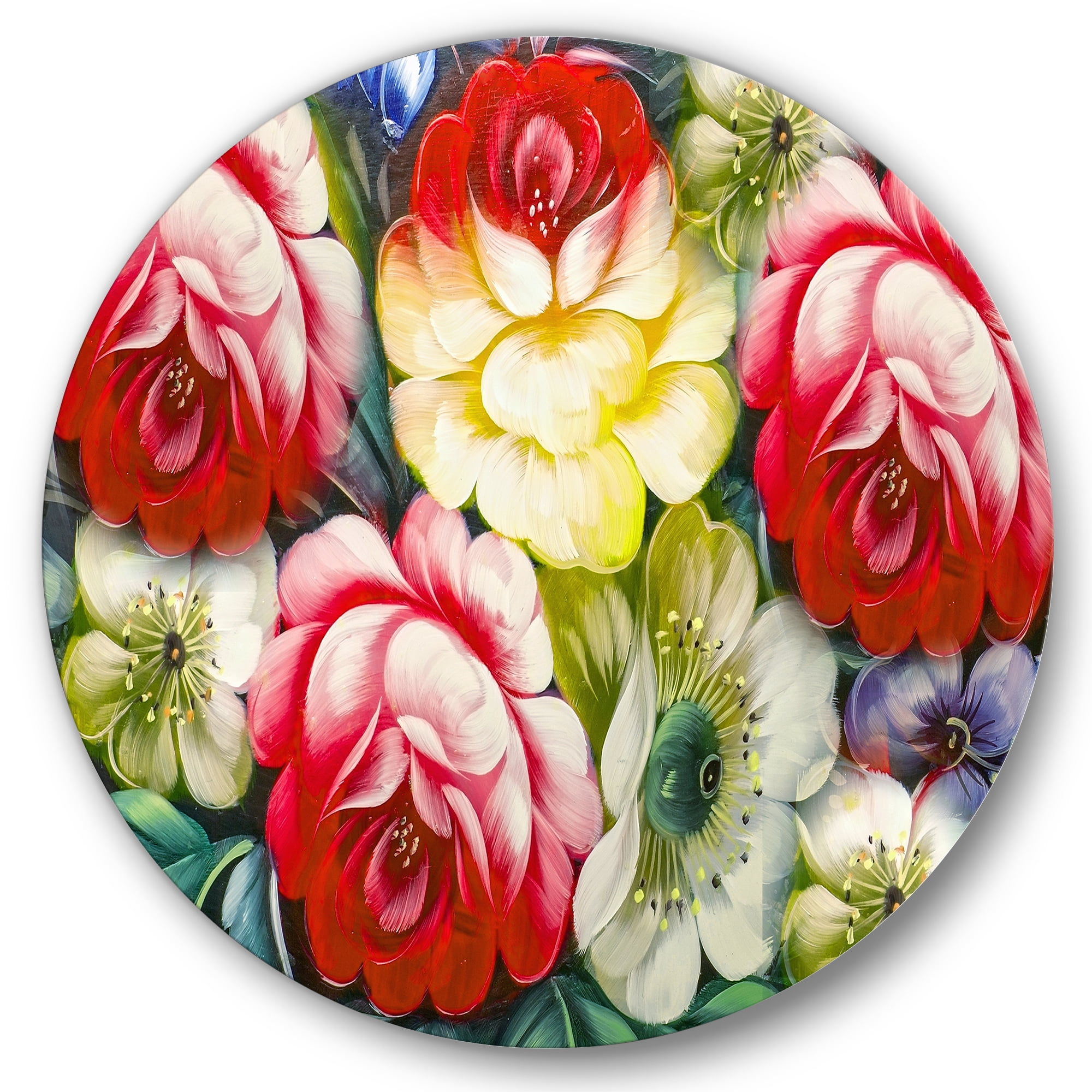 Designart 'Vintage VIbrant Yellow and Red Flower Still Life I' Traditional Circle Metal Wall Art 11x11 - Disc of 11
