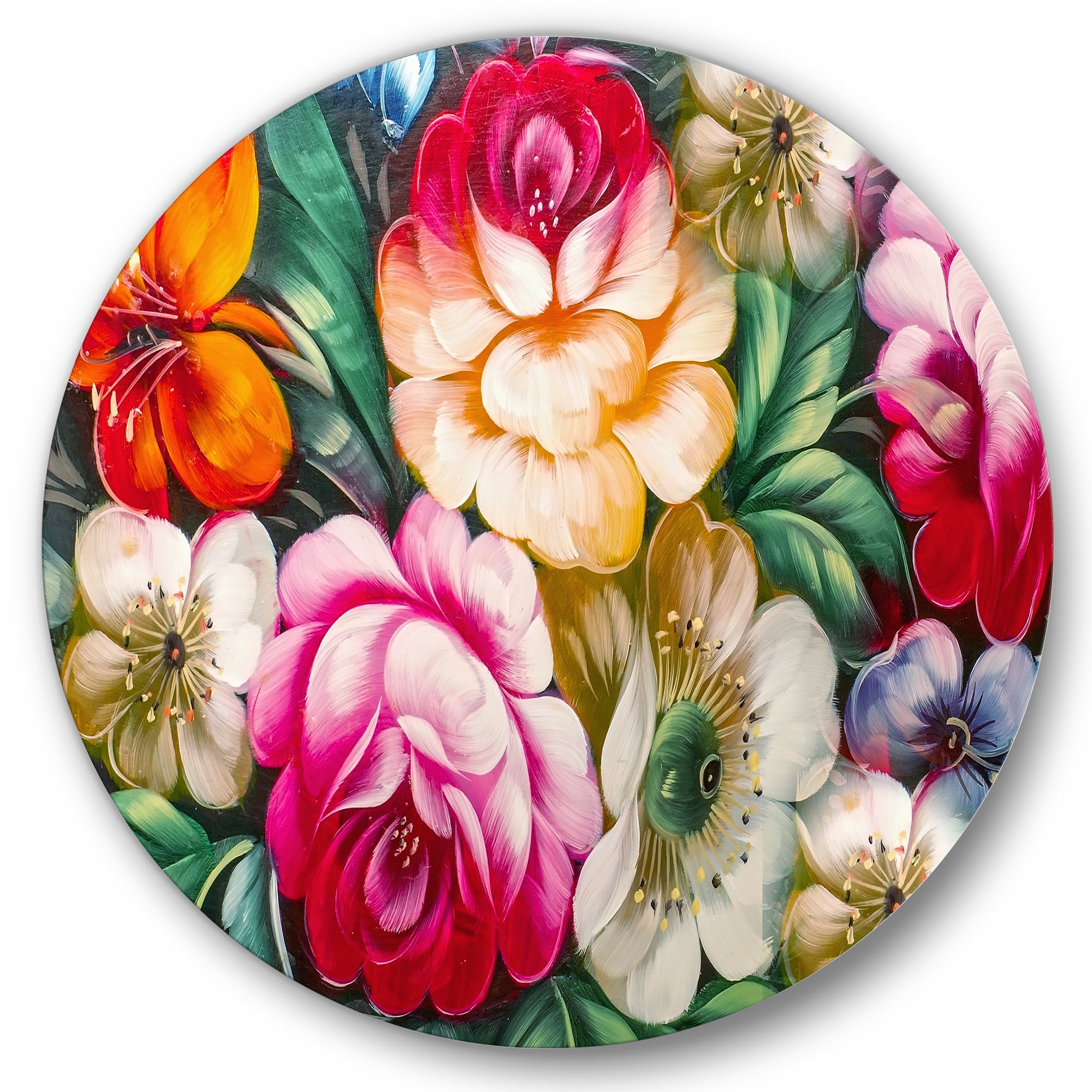 Designart 'Vintage VIbrant Yellow and Red Flower Still Life II' Traditional Circle Metal Wall Art 36x36 - Disc of 36