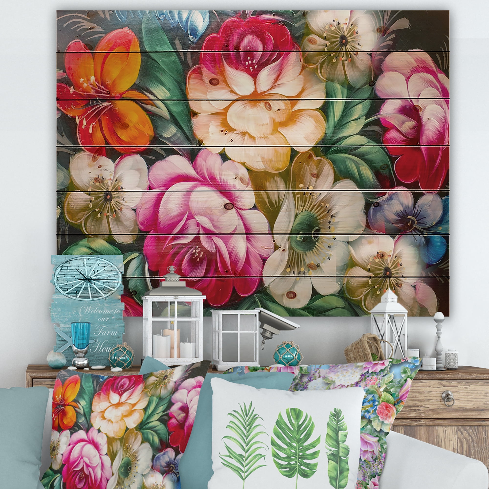 Designart 'Vintage VIbrant Yellow and Red Flower Still Life II' Traditional Print on Natural Pine Wood
