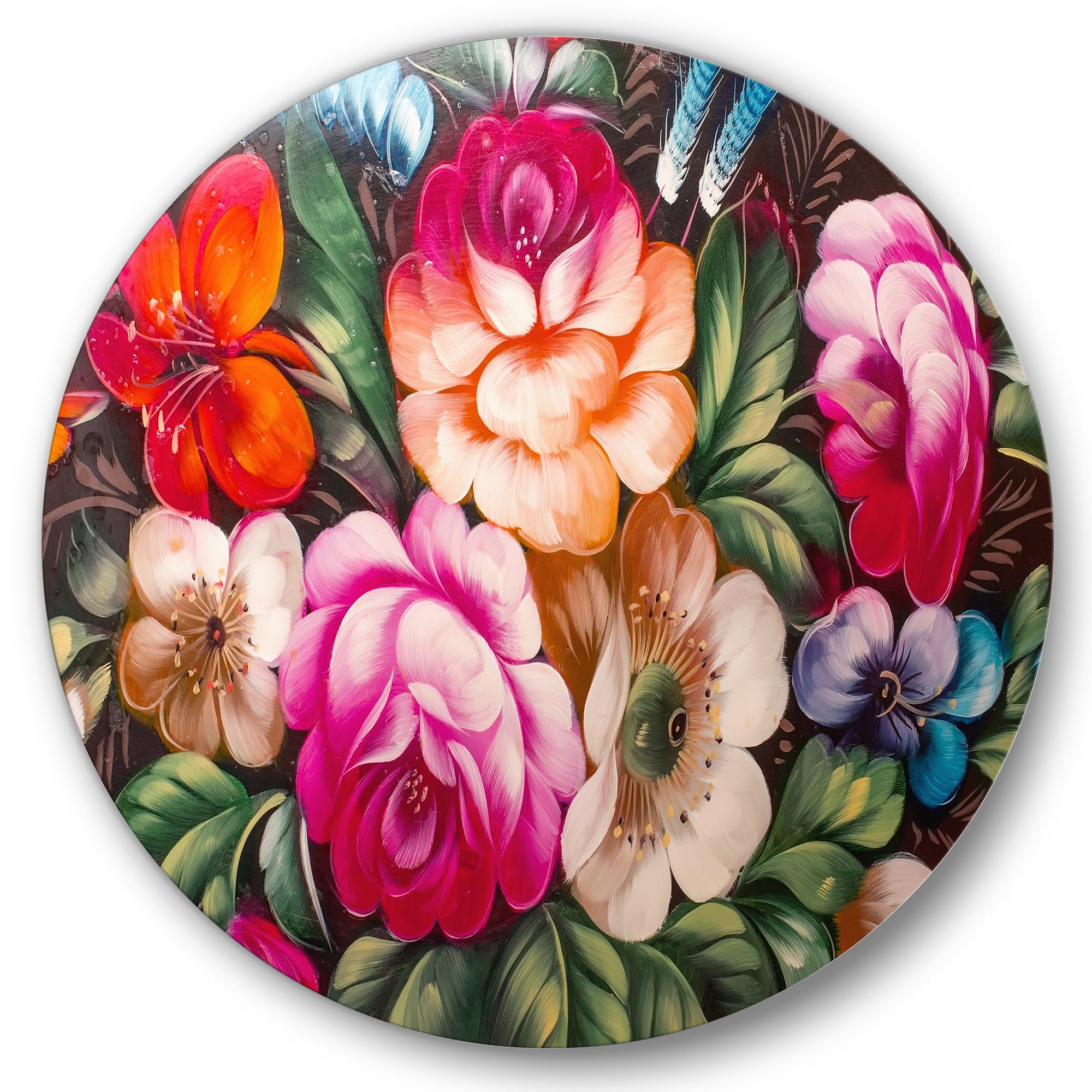 Designart 'Vintage VIbrant Yellow and Red Flower Still Life III' Traditional Circle Metal Wall Art 29x29 - Disc of 29