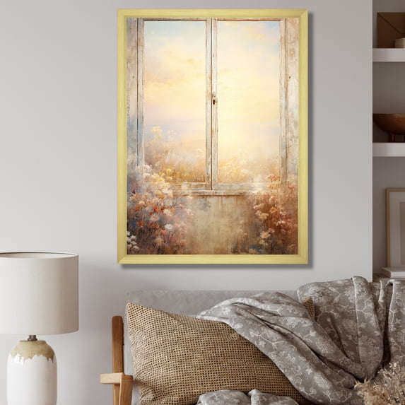 Designart "Vintage View of Floral Meadow through Windows II" Landscapes Framed Wall Art - Traditional Grey Meadow Bedroom Framed Canvas Wall Art