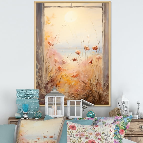 Designart "Vintage View of Floral Meadow through Windows IV" Landscapes Framed Wall Art - Traditional Yellow Meadow Entryway Framed Wall Art
