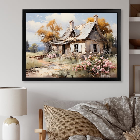 Designart "Vintage Villa in the Ancient Roman Empire III" Landscapes Framed Wall Art Decor - Coastal Pink Landscape Cottage Bedroom Framed Canvas Wall Art