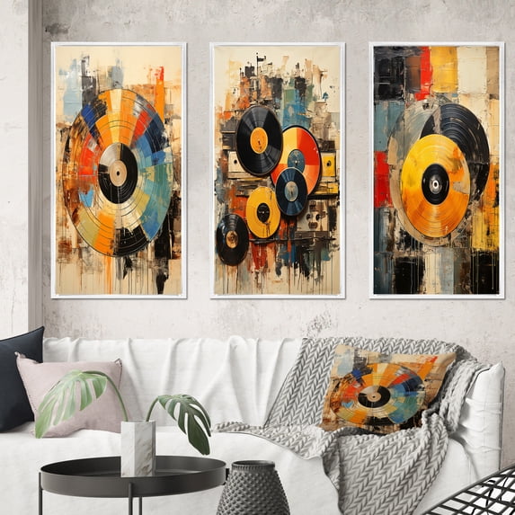 Designart "Vintage Vinyl Records II" Music Framed Wall Art Set Of 3 - Multi-Color Vinyl Records Frame Gallery Wall Set For Home Decor