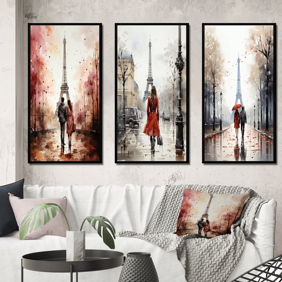 Designart "Vintage Watercolor of Eiffel Tower in Paris I" City Paris Framed Wall Art Set Of 3 - Red Paris Frame Gallery Set For Office Decor
