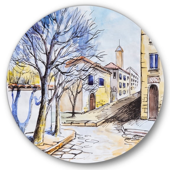 Designart 'Vintage White House In Summer VIllage' Traditional Circle Metal Wall Art 36x36 - Disc of 36