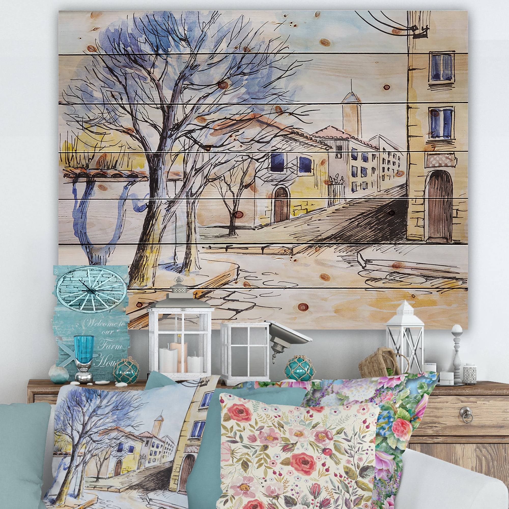 Designart 'Vintage White House In Summer VIllage' Traditional Print on Natural Pine Wood
