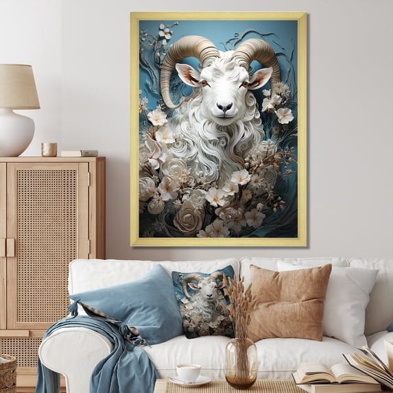Designart "Vintage White and Blue Goat Portrait" Animals Framed Wall Art - Traditional White Goat Living Room Framed Canvas Art