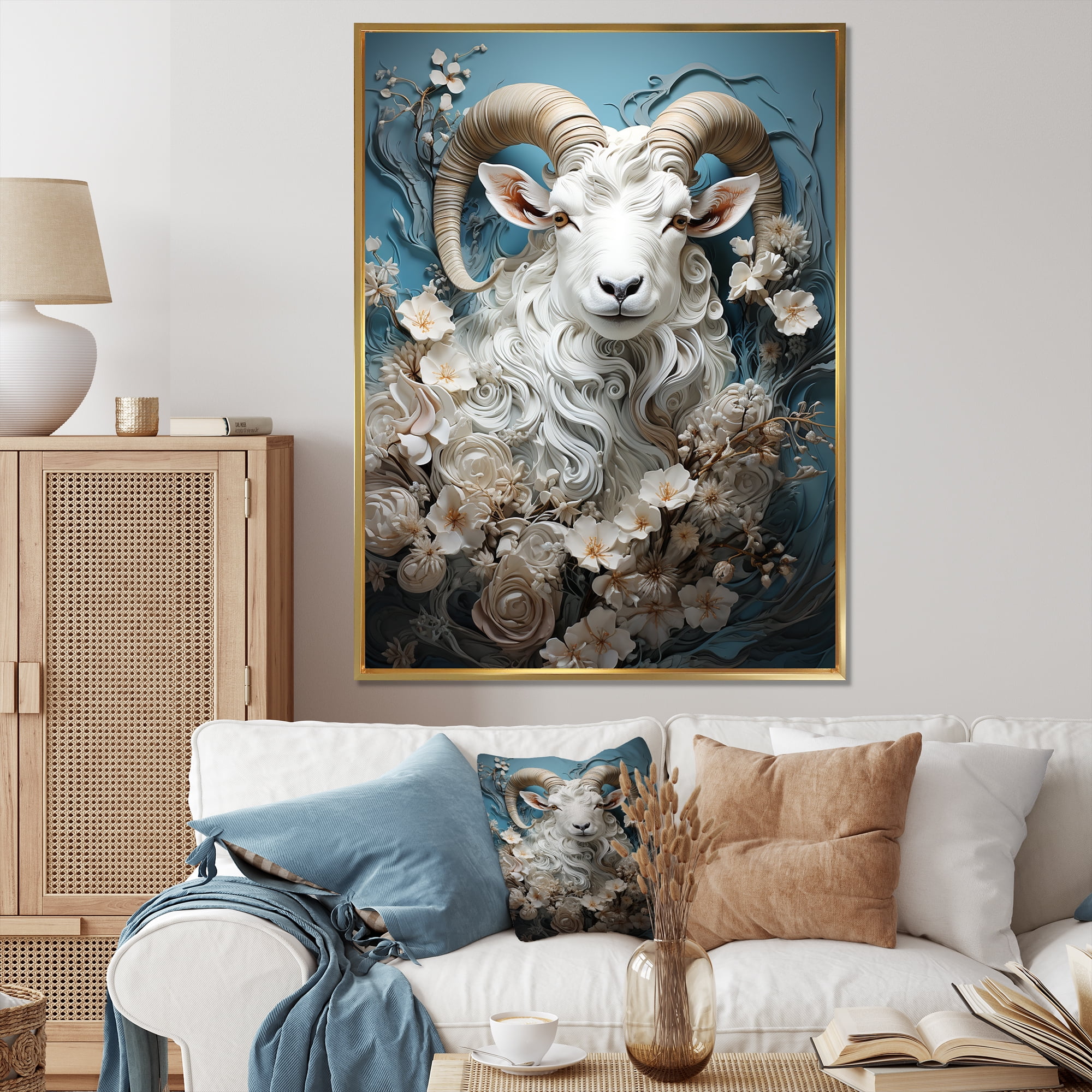 Designart "Vintage White and Blue Goat Portrait" Animals Framed Wall