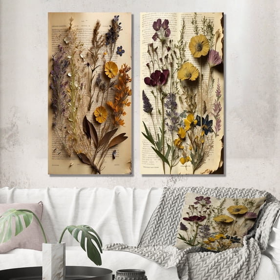 Designart "Vintage Wildflowers Dried Beauties VI" Abstract Botanicals Wall Art Set Of 2 - Modern White Wall Decor Set Of 2