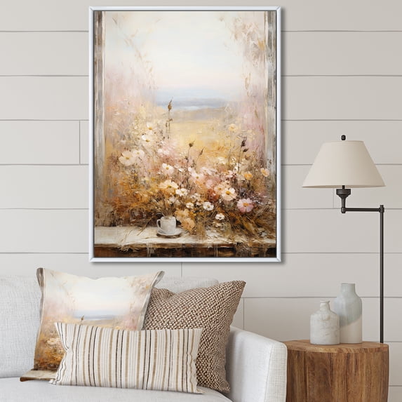 Designart "Vintage Windows View of Floral Meadow" Landscapes Framed Wall Art - Traditional Beige Meadow Hallway Framed Wall Art Decor