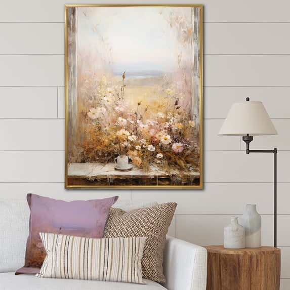 Designart "Vintage Windows View of Floral Meadow" Landscapes Framed Wall Art - Traditional Beige Meadow Hallway Framed Wall Art Decor