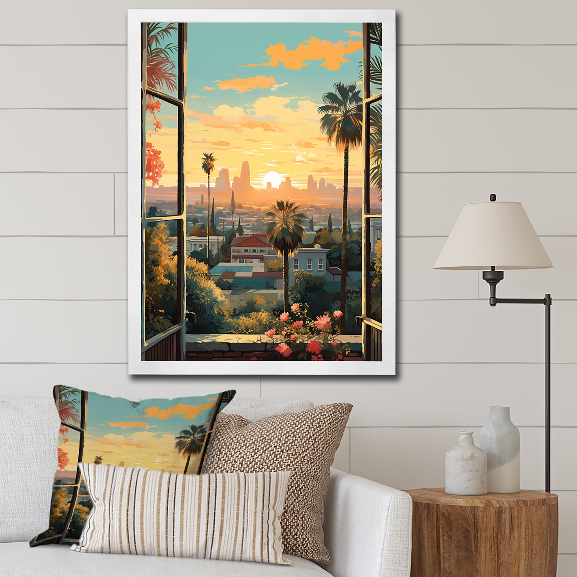 Designart "Vintage Windows View of Los Angeles III" Floral Framed Wall