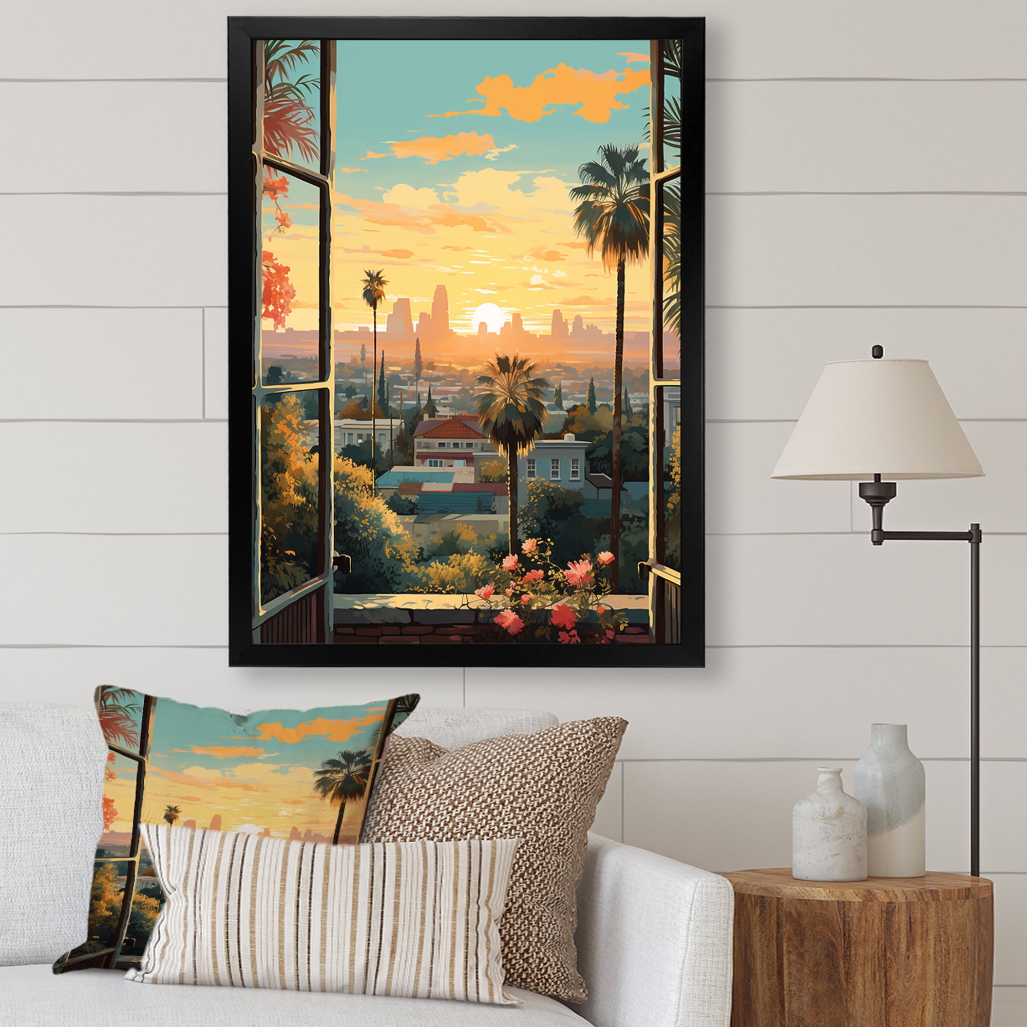 Designart "Vintage Windows View of Los Angeles III" Floral Framed Wall Art Traditional Green
