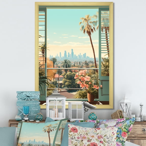 Designart "Vintage Windows View of Los Angeles IV" Farm Framed Wall Art - Country Green Farm Windows Living Room Framed Canvas Art