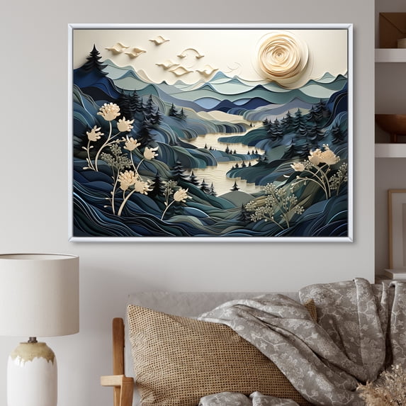 Designart "Vintage Winter Charm in Japanese Rivers I" Landscapes Framed Wall Art - Traditional Blue Winter Landscape Bedroom Framed Canvas Wall Art