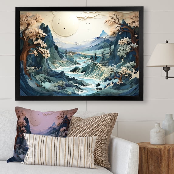 Designart "Vintage Winter Charm in Japanese Rivers II" Landscapes Framed Wall Art Decor - Traditional Blue Winter Landscape Entryway Framed Wall Art