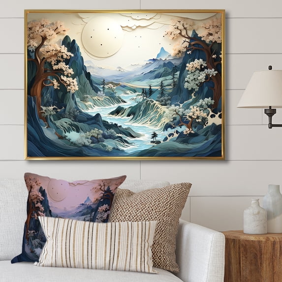 Designart "Vintage Winter Charm in Japanese Rivers II" Landscapes Framed Wall Art - Traditional Blue Winter Landscape Entryway Framed Wall Art Print