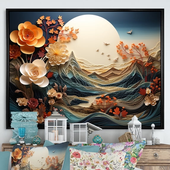 Designart "Vintage Winter Charm in Japanese Rivers III" Landscapes Framed Wall Art - Traditional Orange Winter Landscape Entryway Framed Wall Art