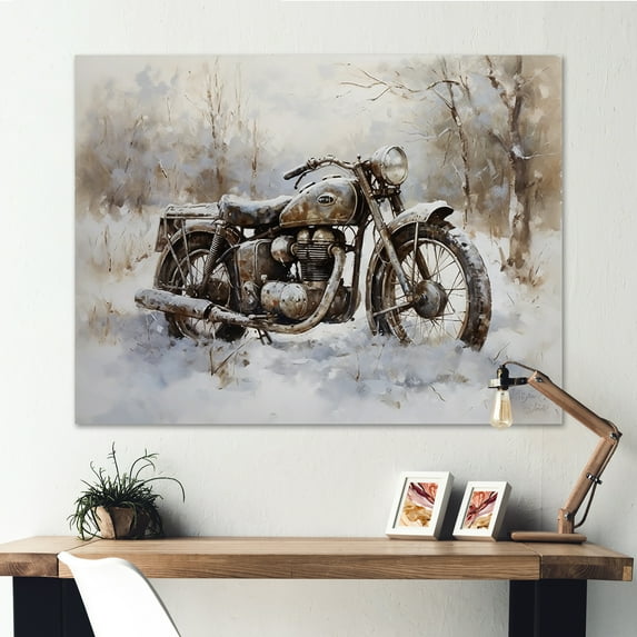 Designart "Vintage Winter Cycling" Motorcycle Wall Art Living Room