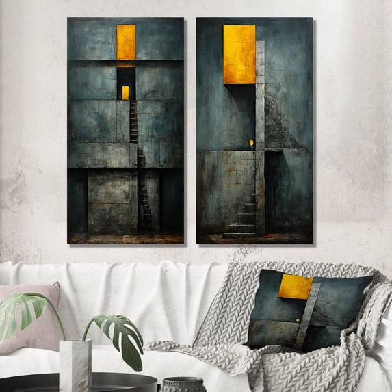 Designart "Vintage Wisdom Minimal Orange" Modern Geometric Wall Art Set Of 2 - Modern Gold Canvas Set For Living Room Decor
