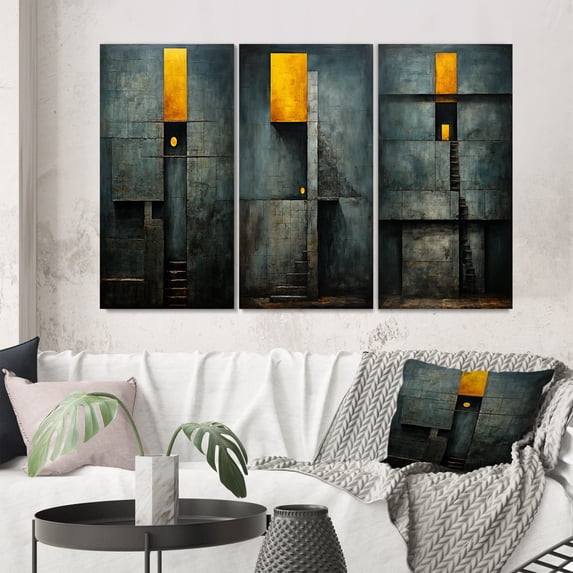 Designart "Vintage Wisdom Minimal Orange" Modern Geometric Wall Art Set Of 3 - Abstract Geometric Gold Gallery Set For Office Decor