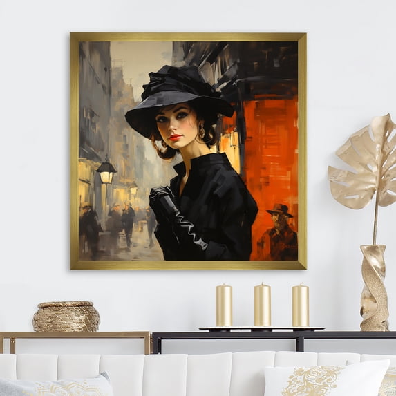 Designart "Vintage Woman in 1950s Fashion I" Fashion Framed Wall Art Decor - Glam Black Woman Entryway Framed Wall Art Print