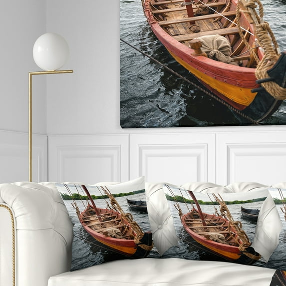Designart Vintage Wooden Boat - Seascape Throw Pillow - 16x16