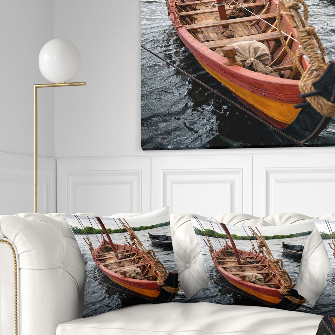 Designart Vintage Wooden Boat - Seascape Throw Pillow - 18x18