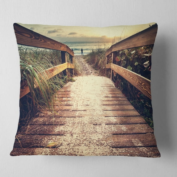 Designart Vintage Wooden Bridge To Seashore - Seashore Throw Pillow - 16x16