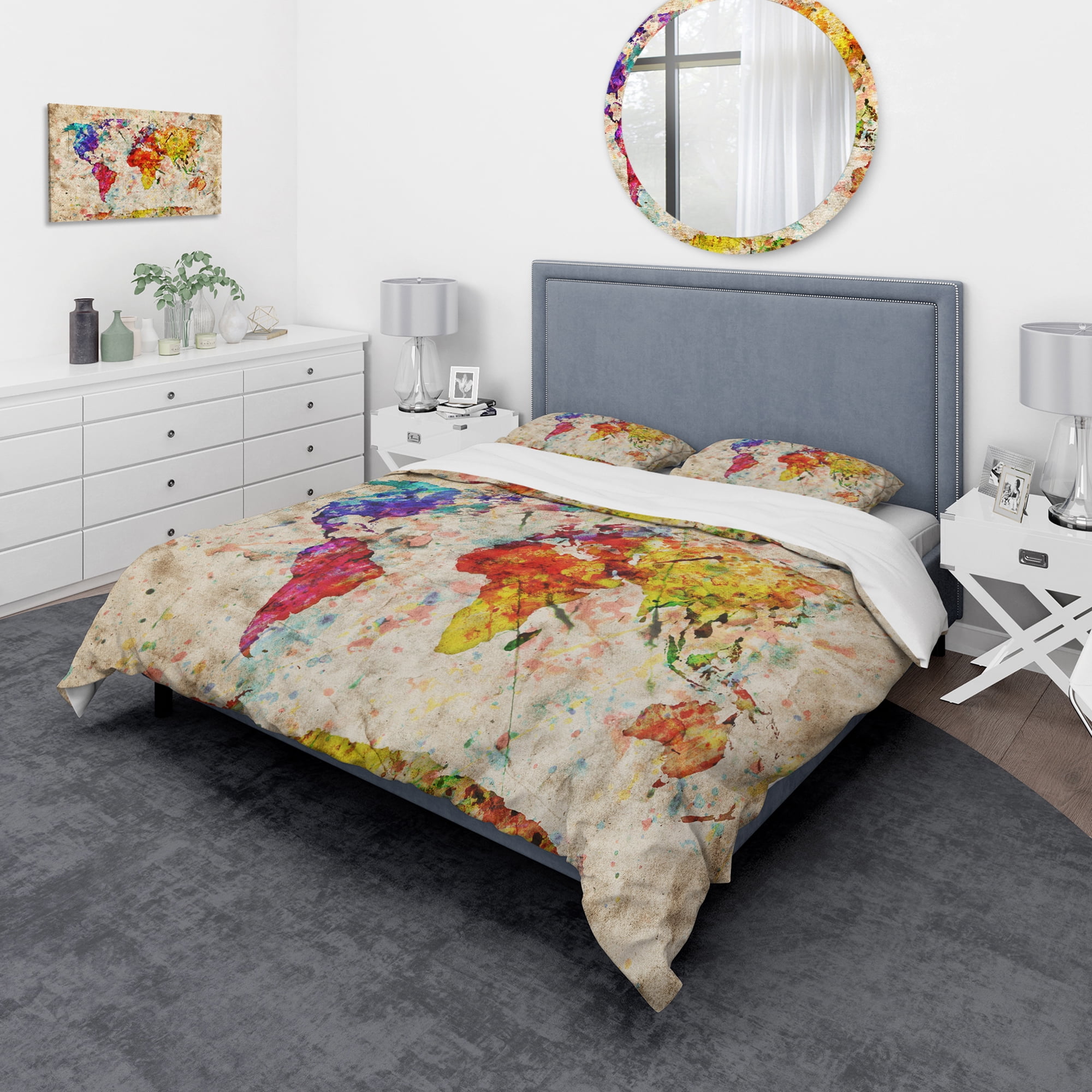 Designart 'Vintage World Map Watercolor' Large Map Duvet Cover Set