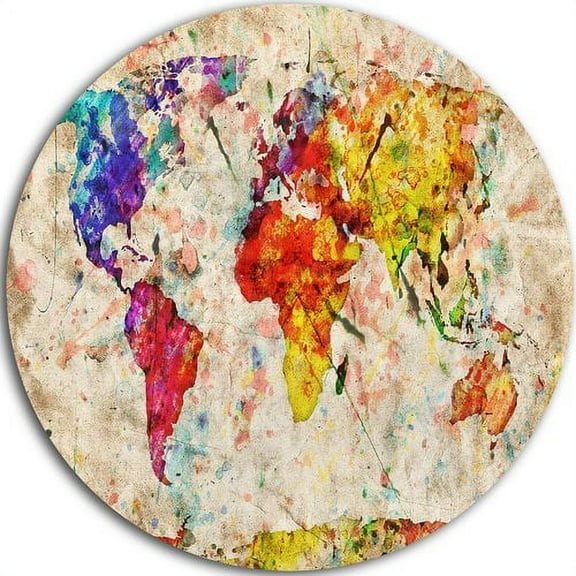 Designart 'Vintage World Map Watercolor' Map Circle Metal Wall Art