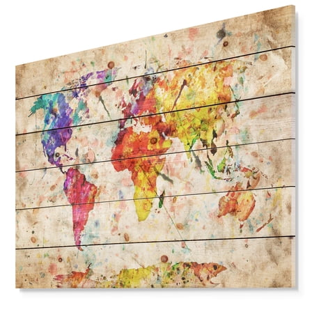 Designart 'Vintage World Map Watercolor ' Maps & Flags Print on Natural Pine Wood