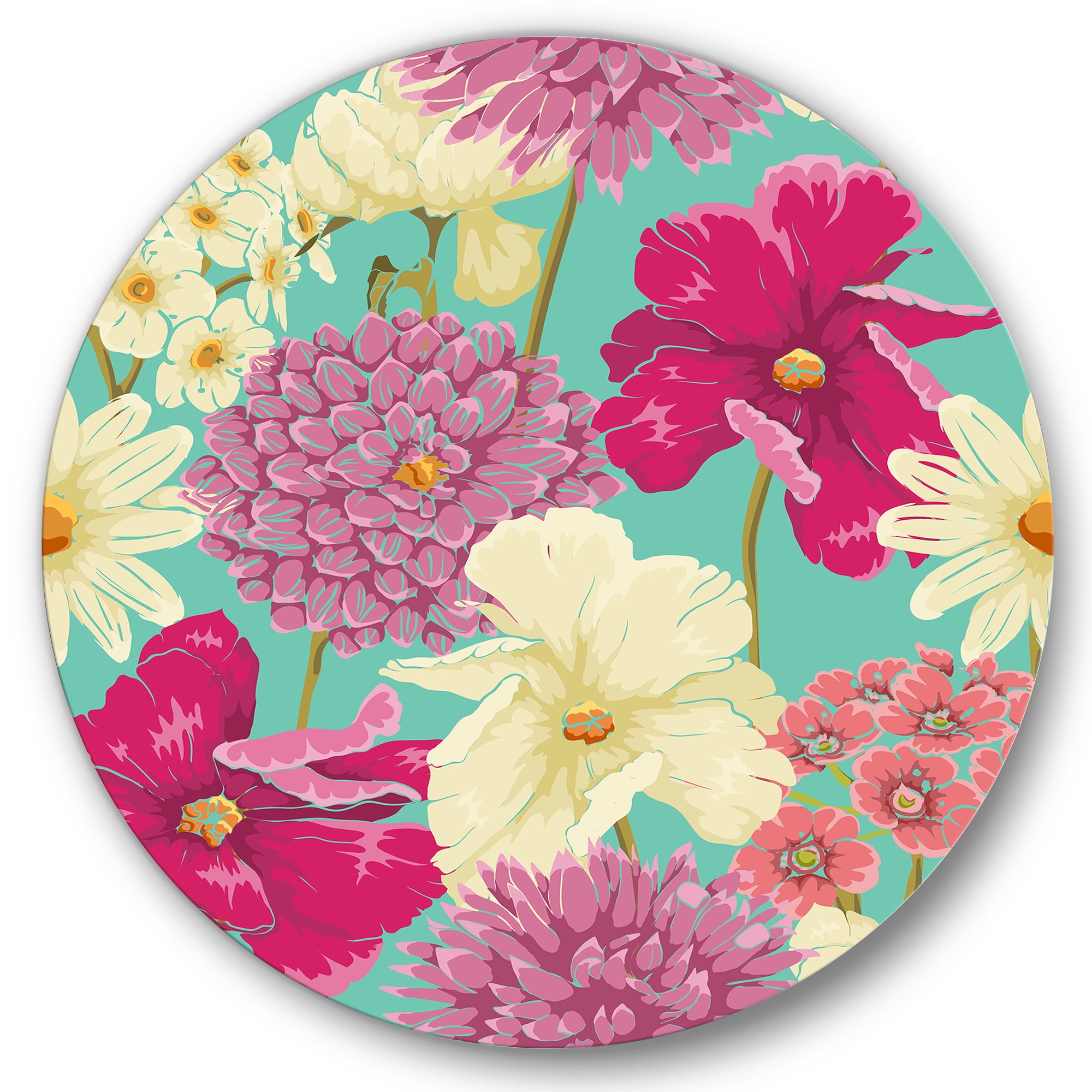 Designart 'Vintage Yellow and Pink Flowers' Traditional Circle Metal Wall Art 23x23 - Disc of 23