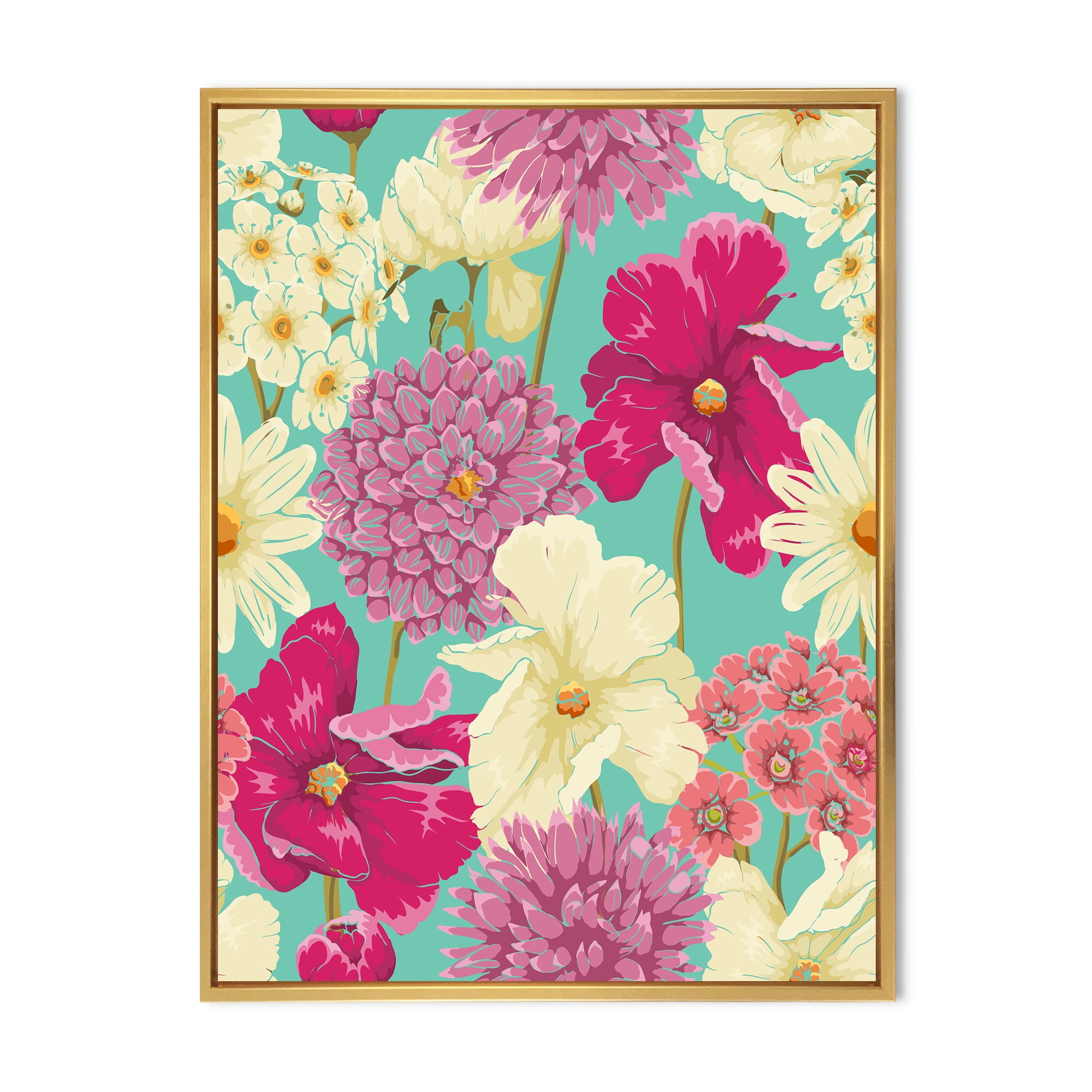 Designart 'Vintage Yellow and Pink Flowers' Traditional Framed Canvas Wall Art Print