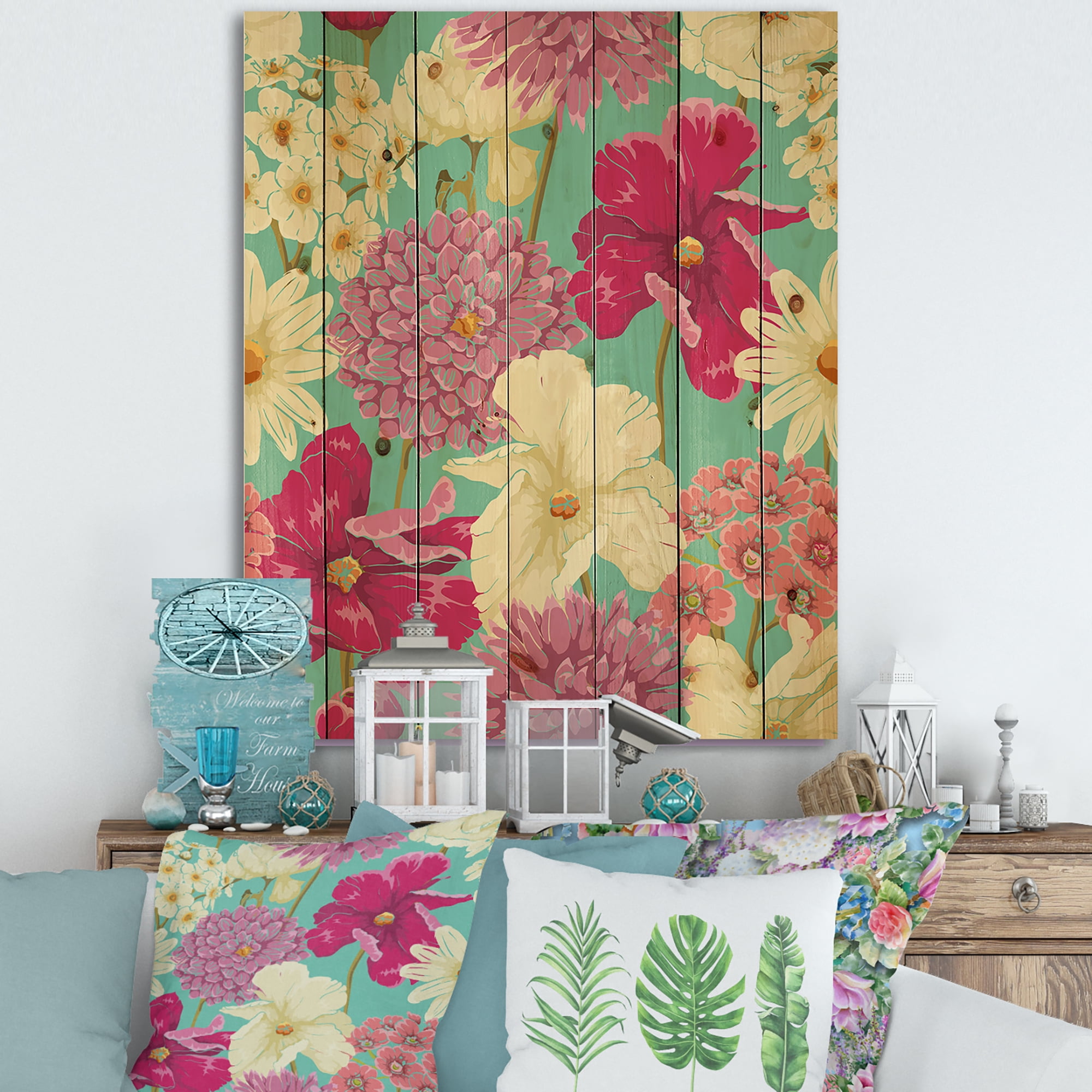 Designart 'Vintage Yellow and Pink Flowers' Traditional Print on Natural Pine Wood